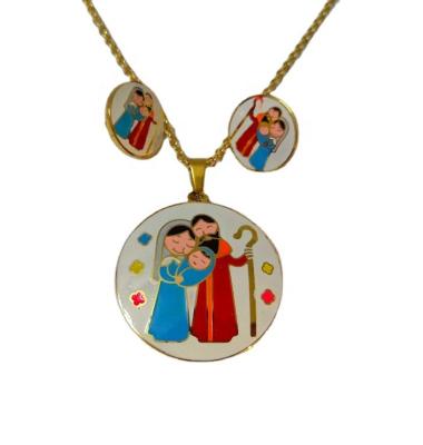 China 316l Stainless Steel Enamel Religious Colorful Mother Mary and Holy Jesus Medallion Pendant Necklace Jewelry Set Child Baby for sale