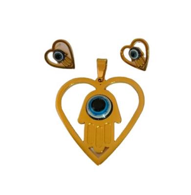 China 18k Gold Color Stainless Steel Hamsa Eye Cavity Religious Evil Turkish Hand Medals Pendant Necklace Earrings Necklace Jewelry Set For Women for sale