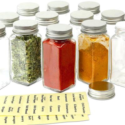 China 12 Pcs Seasoning French Square Glass Spice Bottles 120ml 4 Ounce Spice Jars With Silver Metal Lid for sale