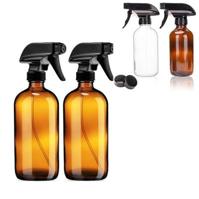 China Clear Personal Care 16oz Boston Round Bottle / Amber Glass Spray Bottle With Black Trigger Sprayer for sale