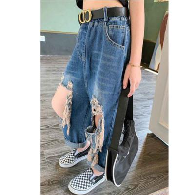 China 2021 anti-static drop baby denim pants with holes, children's denim waistband pants, baby jeans clothes for sale