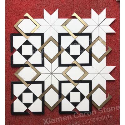 China Modern new design marble mosaic inlay gold waterjet metal and brass wall tile for sale