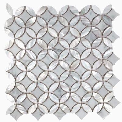 China Carrara CLASSIC 3D Pearly Stone and Sea Shell Water Jet White Marble Mosaic Tile for sale