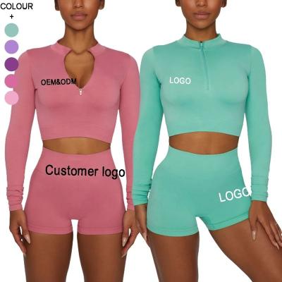 China Breathable Active Wear Fitness Crop Gym Fitness Yoga Seamless Long Sleeve Top Shorts Sets for sale