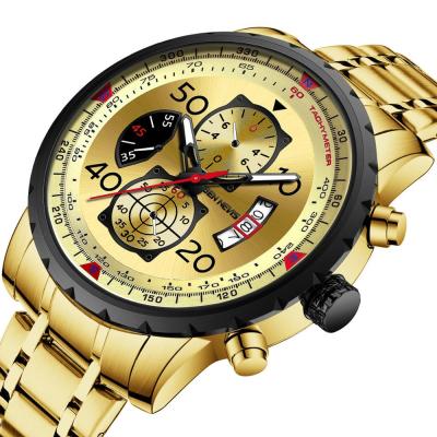 China New Golden BEN NIEVÈS Day/Date Watch Three Eyes Six Hands Light Design Luxury Gift Multifunctional Big Dial Men Quartz Watch for sale