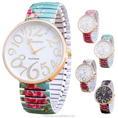 China New fashion Geneva printed stretch watch unspecific floral garden wind belt pull casual ladies to watch the new Geneva ladies watch for sale