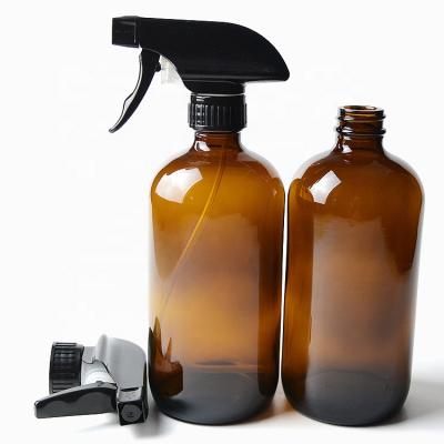 China 240ml 480ml Portable Hot Selling Boston Round Glass Cosmetic Pump Bottle Amber Bottle With Black Pump Sprayer for sale