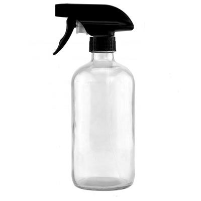 China Portable Empty 500ml 16oz 8oz Boston Round Glass Clear Bottle With Black Trigger Sprayer Cap for sale