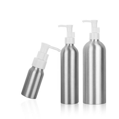 China Cosmetic in stock aluminum bottle 30ml 50ml 100ml 120ml 150ml with pump cap for cosmetic essential oil for sale