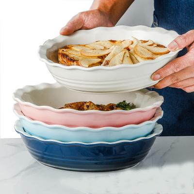 China Sustainable High Quality Ceramic Terrine Round Bakeware Stoneware Vertical Stripes Pie Dish Baking Dish and Pan for sale