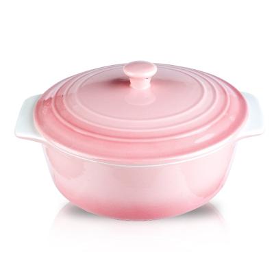 China Sustainable Gradient Pink Color Ceramic Food Warmer Casserole Dish With Lid Kitchen Cookware Dish for sale