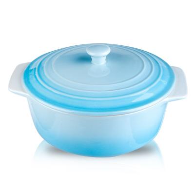 China Sustainable Ceramic Food Warmer Casserole Dish With Lid Blue Gradient Kitchen Cookware Casserole Pot For Wholesale for sale