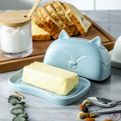 China Lovely Fox Shape Sustainable Design Ceramic Butter Holder Dish With Lid Butter Conatiner For Food for sale