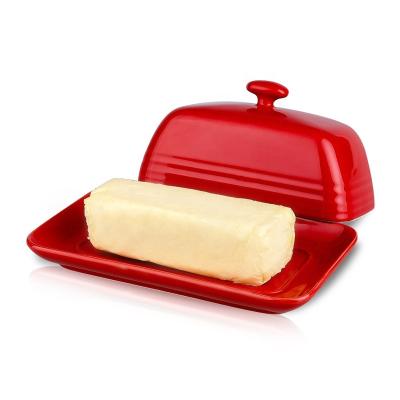 China Viable Fire Red Wholesale Rectangular Ceramic Butter Dish With Cover Porcelain Butter Keeper For Food for sale