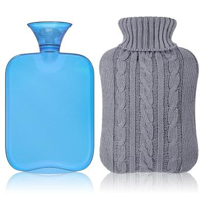 China Hot Protector Hot Water Bottle with Knitted Cover, 2 Liter Blue Transparent Hot Water Bag for sale