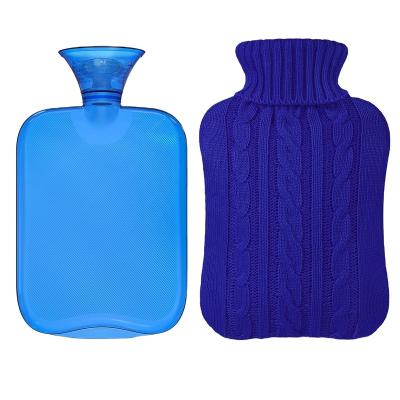 China Warm Protector Hot Water Bottle with Knitted Cover, 2 Liter Deep Blue Transparent Hot Water Bag for sale