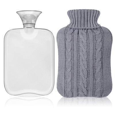 China Warm Protector Hot Water Bottle with Knitted Cover, Transparent Hot Water Bag 2 Liter Gray for sale