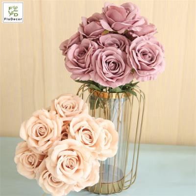 China Hot Sale Wholesale Home Artificial Silk Dusty Rust Rose Flowers 10 Heads Bouquet Wedding Party For Wedding Decor Pink Autumn Color for sale