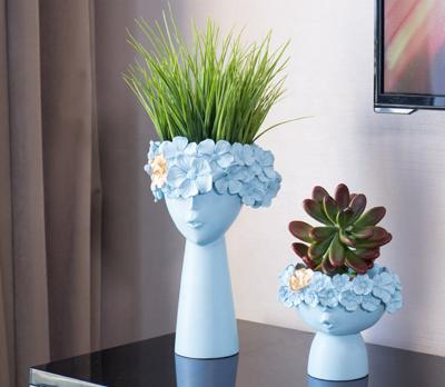 China Nordic Resin Modern Blue Head Resin Vase Planter Polyresin Crafts for sale