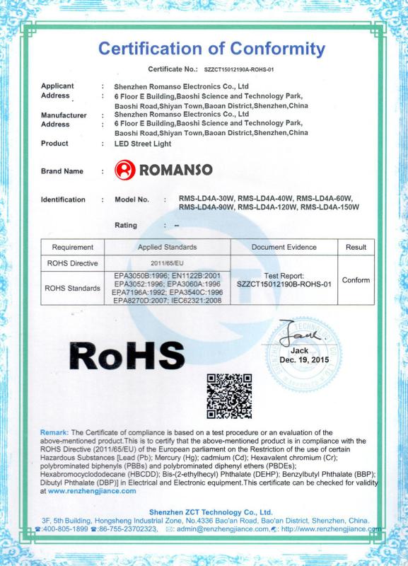 Rohs - Certificate of compliance - Shenzhen Romanso Electronic Co., Ltd.