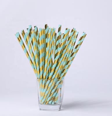 China Eco - Friendly Technology Blue Stripe Gold Stamping Drinking Paper Straws For Restaurant for sale