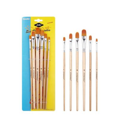 China Custom Filbert Nylon Art Paint Brush Set, 6pcs Flat Wood Handle Oil Painting Hair Brushes for sale