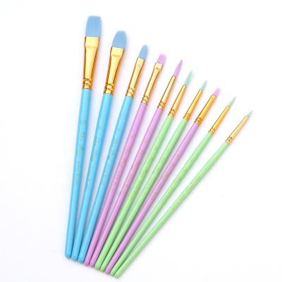 China New Arrival Nylon Rainbow Paint Brush Set, Wooden Handle 10pcs Flat Acrylic Paint Brushes for sale