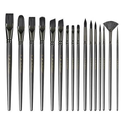 China Professional Black Nylon Hair Nylon Art Paint Brush Set, 15pcs Flat Wooden Fan Handle Oil Painting Brushes for sale