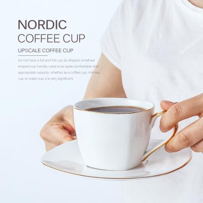 China Nordic Luxury Logo Bone China 230ml Gold Ceramic Cup Saucer and Spoon Set Handmade Custom Viable White Square for sale