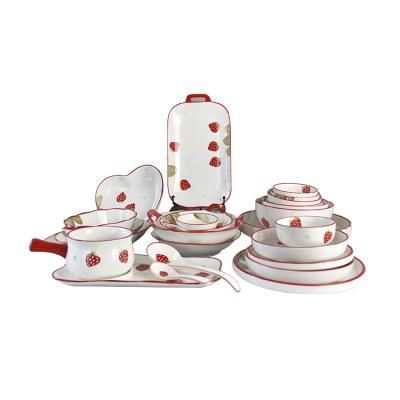 China Strawberry Viable Stoneware Painting Handmade 25pcs Ceramic Dinner Set For Wedding for sale