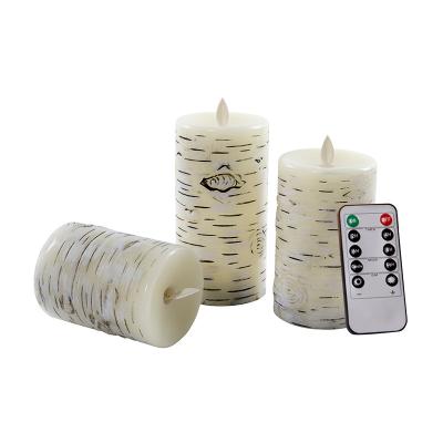 China High Quality Pillar Real Bark Pillar Weddings Birch Wax With Wick Moving Flame Remote Control Flickering Led Candles Set for sale