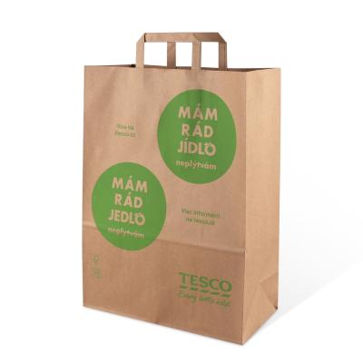 China Recyclable Customized Paper Bag Take Away Handle Brown Flat Kraft Paper Shopping Bag With Logo for sale