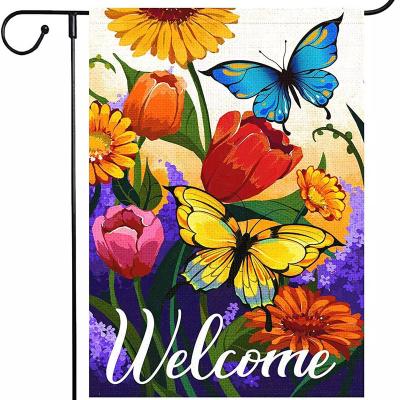 China Health Care Institutes Welcome Spring Garden Flags 12x18 Inch, Flower Blossoms With Butterfly Garden Flag, Double Sided Vertical Welcome Garden for sale