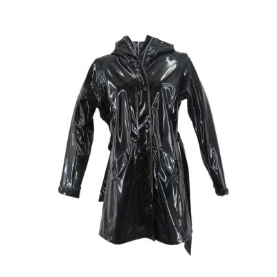 China High quality women's long raincoat black windproof raincoats shinny waterproof jacket with belt for sale