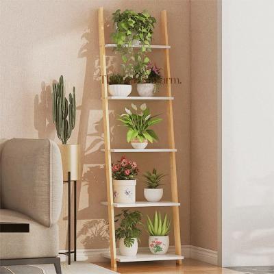 China Modern Ladder Shelf, 5 Tier Bamboo Ladder Leaning Shelf, Freestanding Plant Flower Stand Corner Display Bookcase For Bathroom for sale