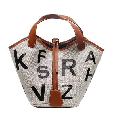 China Fashion Graffiti Logo Letters Fiber Bag Fashion Canvas Tote Portable Bucket Bag for Women and Ladies for sale