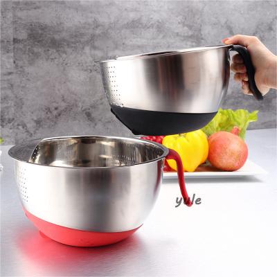 China Stocked Stainless Steel Colander Bowl Sieve Colander Bowls Rice Sieve With Handle And Silicone Bottom for sale