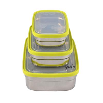 China Freshness Preservation Stainless Steel Rectangle Lunch Box Natural Steel With PE Transparent Lid Yellow Edge Freshness Preservation High Quality for sale