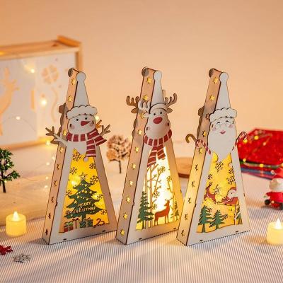 China Art Deco Hot Sale Christmas Tree Decoration Elk Snowman LED Light Ornaments Pendant Wooden Accessories For Christmas Day for sale