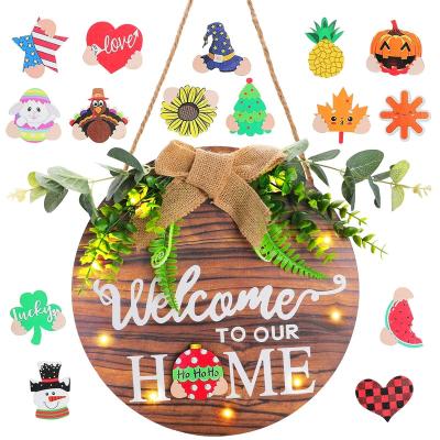 China Art Deco Wood Porch Decor Interchangeable Hanging Season Outdoor Home Welcome Sign For Front Door Magnetic DIY for sale