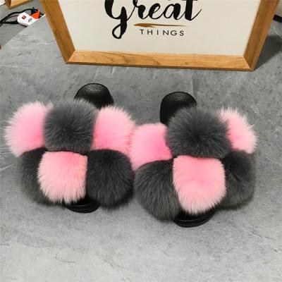 China Wholesale Fashion Trend Custom Made Flat Fluffy Bedroom Indoor Open Toe Fox Fur Slippers Sandals Slide For Women for sale