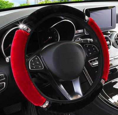 China Perfect Fit Fluffy Plush Steering Wheel Cover For Women Girls With Bling Crystal Rhinestones Car Anti-Slip Steering Wheel Protector for sale