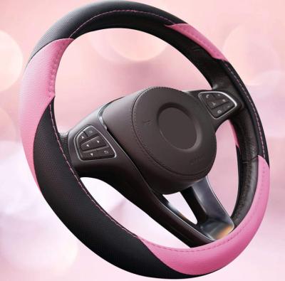 China Perfect Fit Steering Wheel Cover For Women Universal 15 In The Car Black And Pink Leather Wheel Cover For Women Girls for sale