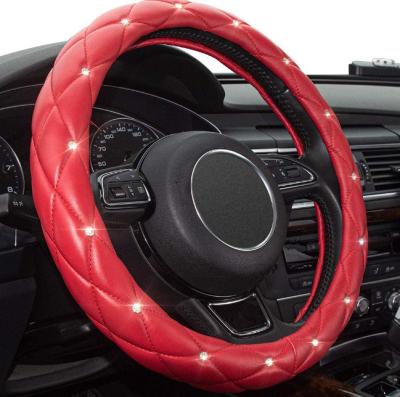 China Bling Diamond Steering Wheel Cover Leather Perfectly Fit Red Car Wheel Cover Women Soft Steering Accessories for Women and Girl for sale