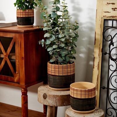 China Minimalist Set of 3 Wholesale Living Room Decoration Planter Bonsai Ornaments Flower Pot Rattan Pattern Indoor Outdoor Ceramic Pot for sale