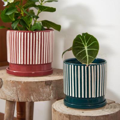 China Minimalist S/M/L Macetero Porcelana China Vintage Looking Ceramic Plant Pots Linear Pot Planters For Flower for sale