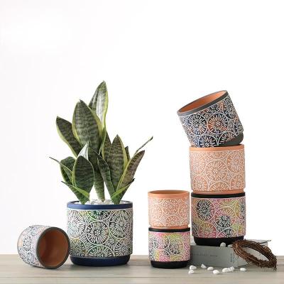 China Modern Clay Pottery Windowsill Decorating Handmade Embossed Interior Pattern Plant Pots for sale