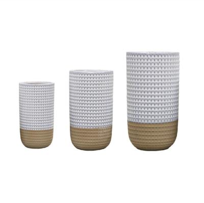 China Durable OEM Lattice Pattern Fluted Hydroponic Plants Cylinder Set Of 3 Ceramic For Office Home Decoration for sale