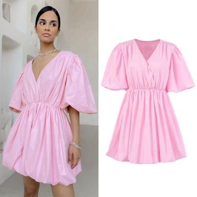 China Breathable Custom Apparel Manufacturers Ruched V-Neck V-Neck Mini Dress Vestidos Elegant Casual Pink Puff Sleeve Sexy for sale