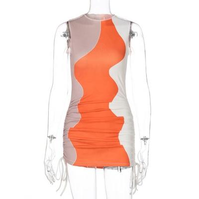 China Breathable Fashion Streetwear Summer Club Dresses Orange Sleeveless Mini Bodycon Dress Women Drawstring Patchwork Print Vestidos for sale